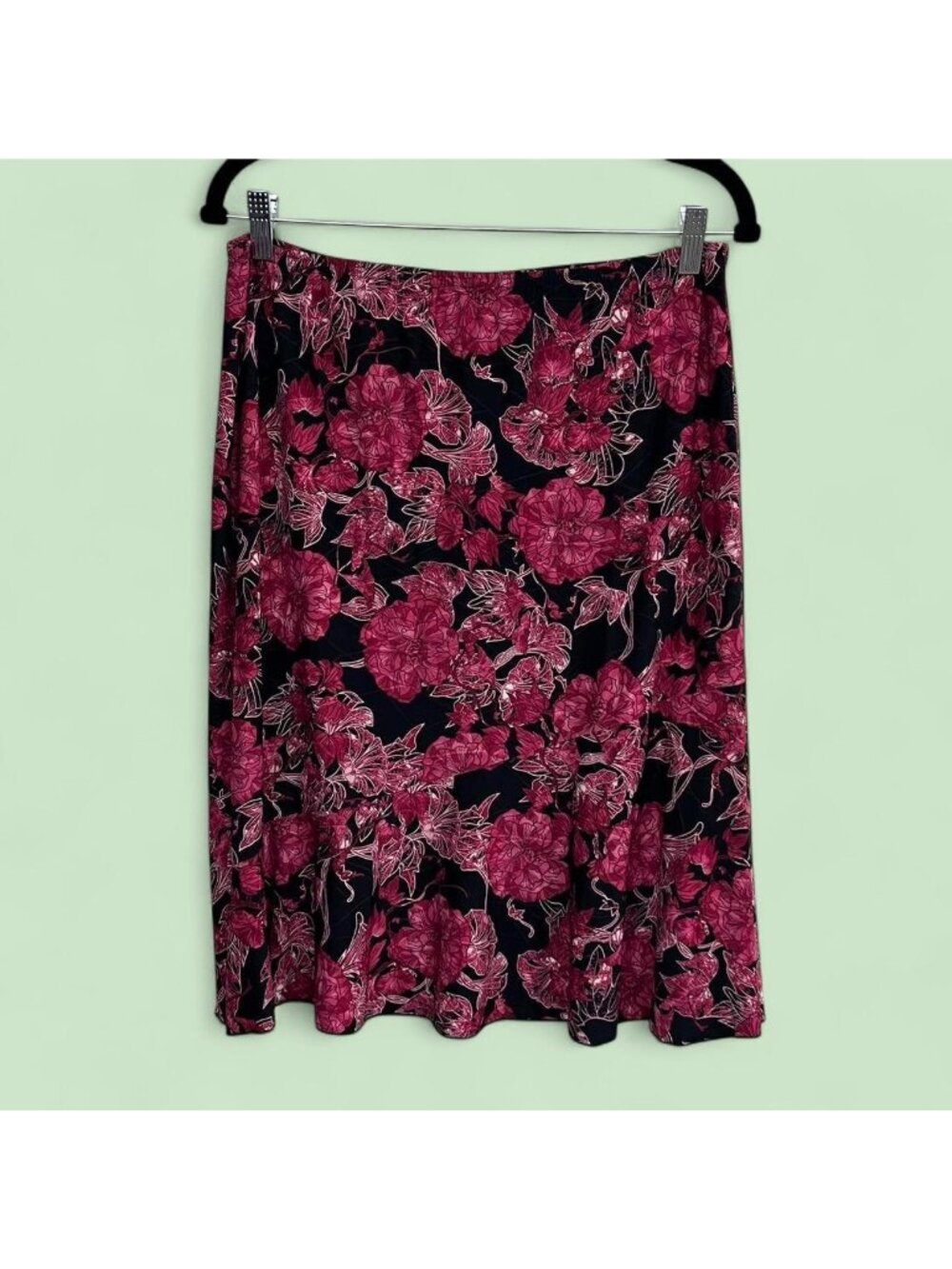 vintage 90s magenta pink floral whimsical cottagecore boho stretchy midi skirt